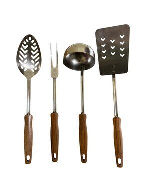 Vintage EKCO 4-Piece Stainless Steel Serving Set Faux Wood Brown Black Handles